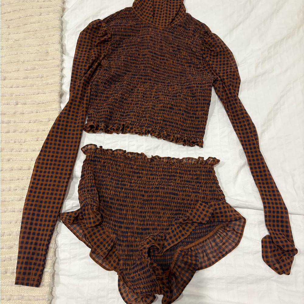 Free People Brown Checked Long Sleeve Smocked Top